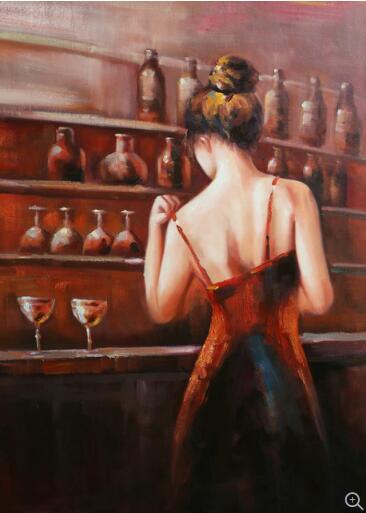 Free Shipping Art Young Sexy Lady in the Wine Bar Wall Painting Home Decoration Hand Painted Impression Character Oil Painings