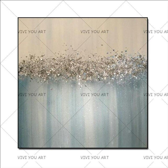 Large Abstract Painting Original Texture Modern Sky Light Blue Silver And Gold Foil Metal Glitter White Painting Hand pained
