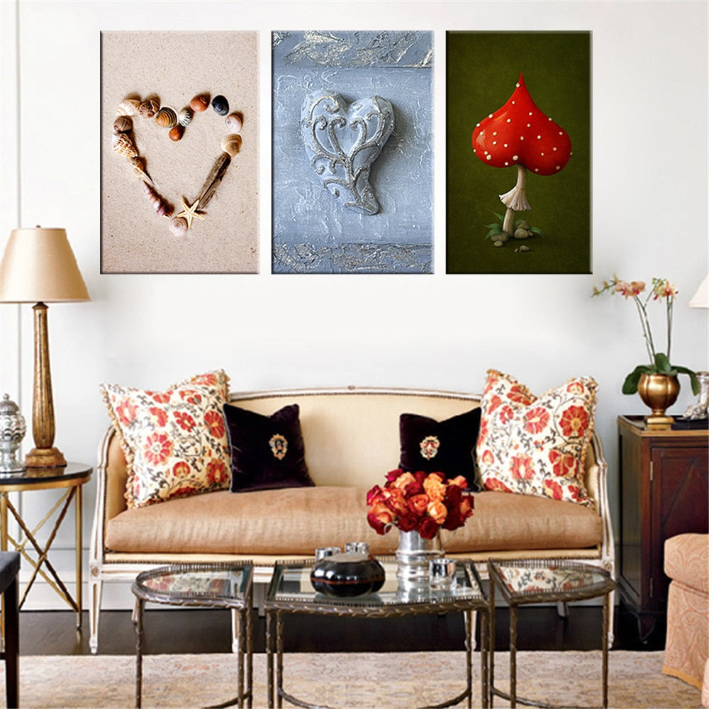 3 Pieces Canvas Painting Heart Shape HD Poster Wall Picture Home Decor Oil Paining for Living Room Christmas Decoration Unframed